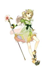 Rule 34 | 1girl, absurdres, atelier (series), atelier ayesha, ayesha altugle, bow, brown eyes, dress, female focus, flower, full body, hair ornament, hidari (left side), highres, long hair, official art, skirt, solo, staff, toes, waist bow, weapon, white background