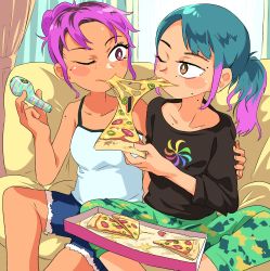 Rule 34 | 2girls, absurdres, bong, brown eyes, camouflage, camouflage pants, couch, curtains, denim, denim shorts, food, food in mouth, freckles, green hair, highres, marijuana, mole, mole above mouth, mole on neck, multiple girls, one eye closed, original, pants, pizza, pizza box, purple hair, ratsuparu, red eyes, sharing food, shirt, shorts, tank top, yuri