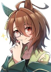 Rule 34 | 1girl, agnes tachyon (sigma experiment) (umamusume), agnes tachyon (umamusume), ahoge, animal ears, brown eyes, brown hair, collarbone, commentary request, ear covers, ear ornament, eyes visible through hair, grey-framed eyewear, hair intakes, hexagon print, highres, horse ears, horse girl, huge ahoge, looking at viewer, medium hair, monocle, off shoulder, official alternate costume, ruisuke, single ear cover, smile, solo, sparkle, umamusume, upper body
