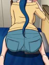 Rule 34 | 10s, 1girl, ass, back, backboob, barefoot, bed, blue hair, breasts, from behind, gundam, gundam build fighters, highres, iori rinko, large breasts, legs, long hair, mature female, pillow, shorts, sitting, solo, sweater, thighs, yuki (12cut)
