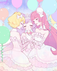 Rule 34 | 3girls, balloon, bare shoulders, blonde hair, blunt bangs, bow, closed eyes, commentary request, cone hair bun, detached collar, double bun, dress, facing another, facing viewer, frilled dress, frills, hair bow, hair bun, hat, highres, hojo sophy, holding, holding microphone, idol clothes, long hair, manaka laala, microphone, minami mirei, mini hat, multiple girls, nanceee 305, open mouth, pink hair, pretty series, pripara, purple hair, short hair, smile, standing, strapless, strapless dress, tiara, twintails, very long hair, white bow, white dress, white headwear