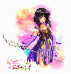 Rule 34 | 1girl, alternate costume, axsen, bishoujo senshi sailor moon, black hair, black neckwear, blush, choker, closed mouth, collarbone, copyright name, cowboy shot, dress, earrings, elbow gloves, glaive (polearm), gloves, hair between eyes, hair ornament, holding, holding polearm, holding spear, holding weapon, jewelry, long hair, looking at viewer, polearm, purple dress, purple eyes, purple gloves, sailor saturn, short dress, side slit, sleeveless, sleeveless dress, solo, sparkle, spear, standing, weapon, white background