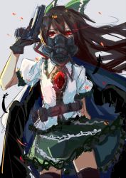 Rule 34 | 1girl, aie, arm at side, bad id, bad pixiv id, belt, black gloves, black thighhighs, black wings, bow, brown hair, cape, center frills, collar, collared shirt, covered mouth, cowboy shot, feathers, floating hair, frilled collar, frilled shirt, frilled shirt collar, frilled skirt, frilled sleeves, frills, gas mask, gloves, glowing, glowing eyes, gun, hair bow, hand to head, hand up, handgun, holding, holding gun, holding weapon, long hair, looking at viewer, mask, puffy short sleeves, puffy sleeves, red eyes, reiuji utsuho, shirt, short sleeves, sketch, skirt, solo, sparks, standing, thighhighs, third eye, touhou, utility belt, weapon, wind, wind lift, wing collar, wings, zettai ryouiki
