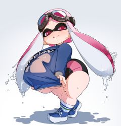 Rule 34 | 1girl, absurdres, arched back, bike shorts, black shorts, blue footwear, blush, breasts, closed mouth, cross-laced footwear, dripping, female focus, full body, gigantic breasts, goggles, goggles on head, highres, inkling player character, long hair, long sleeves, matching hair/eyes, naze, nintendo, oppai loli, pink eyes, pink hair, shirt, shirt tug, shoes, shorts, simple background, sneakers, socks, solo, splatoon (series), standing, tentacle hair, thick thighs, thighs, underboob, water, wet, white background