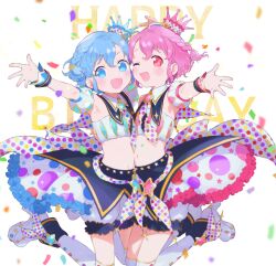 Rule 34 | 1boy, 1girl, :d, ;d, bloomers, blue eyes, blue hair, blush, braid, brother and sister, commentary request, confetti, crop top, crossdressing, crown, curly hair, dorothy west, frilled skirt, frills, hair between eyes, happy birthday, highres, idol clothes, jumping, looking at viewer, machico maki, mole, mole under eye, navel, one eye closed, open hand, open mouth, outstretched arm, pink eyes, pink hair, pretty series, pretty series, pripara, reaching, reaching towards viewer, reona west, short hair, siblings, side braid, skirt, smile, star (symbol), trap, twins, underwear, white footwear, wrist cuffs