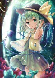Rule 34 | 1girl, adapted costume, bare arms, bare shoulders, black hat, blush, breasts, collarbone, commentary request, cowboy shot, dress, flower, green dress, green eyes, green hair, hand in own hair, hand up, hat, hat ribbon, head tilt, heart, heart of string, highres, komeiji koishi, looking at viewer, nature, outdoors, parted lips, red flower, renka (cloudsaikou), ribbon, short hair, small breasts, solo, spaghetti strap, standing, thighs, third eye, touhou, tree, yellow ribbon