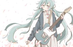 Rule 34 | 1girl, absurdres, blue eyes, blue hair, blush, bright pupils, closed mouth, east sha2, guitar, hatsune miku, highres, holding, holding instrument, instrument, long hair, long sleeves, looking at viewer, low twintails, smile, solo, twintails, vocaloid, white pupils
