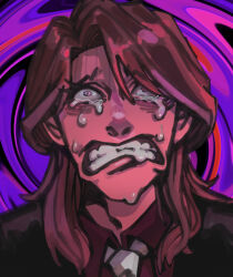 Rule 34 | 1boy, absurdres, black jacket, brown hair, clenched teeth, commentary request, crying, crying with eyes open, formal, highres, ichijou seiya, jacket, kaiji, kasyuna1225, long hair, male focus, medium bangs, necktie, parted bangs, portrait, purple background, red shirt, shirt, solo, spiral background, suit, tears, teeth, white eyes, white necktie