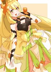 Rule 34 | 1girl, :d, absurdres, bare shoulders, blonde hair, bow, breasts, bridal gauntlets, butterfly hair ornament, celine (fire emblem), cleavage, crown, dress, dress bow, fire emblem, fire emblem engage, green bow, green eyes, hair between eyes, hair ornament, highres, long hair, looking at viewer, medium breasts, nintendo, open mouth, orange bow, simple background, sleeveless, smile, to (tototo tk), very long hair, wrist bow, yellow dress