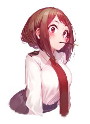 Rule 34 | 10s, 1girl, boku no hero academia, breasts, brown eyes, brown hair, chocolate, collared shirt, cropped torso, eyebrows, food, food in mouth, highres, large breasts, leaning forward, long sleeves, pleated skirt, pocky, pocky day, red neckwear, ryota (ry o ta), school uniform, shirt, shirt tucked in, short hair, simple background, skirt, smile, solo, upper body, uraraka ochako, white background