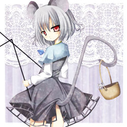 Rule 34 | 1girl, :&lt;, animal ears, basket, dowsing rod, female focus, harukaruha, jewelry, mouse (animal), mouse ears, mouse tail, nazrin, necklace, red eyes, short hair, silver hair, solo, standing, tail, touhou