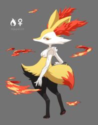 Rule 34 | 1girl, absurdres, animal ear fluff, animal ears, animal feet, animal nose, arm at side, artist name, black fur, body fur, braixen, colored eyelashes, creatures (company), dyepoal, feet, female focus, fire, flat chest, fox ears, fox girl, fox tail, from behind, full body, furry, furry female, game freak, gen 6 pokemon, grey background, half-closed eyes, highres, holding, holding stick, looking at viewer, looking back, multicolored fur, neck fur, nintendo, no mouth, pawpads, pokemon, pokemon (creature), red eyes, signature, simple background, snout, solo, standing, stick, tail, twitter username, venus symbol, white fur, yellow fur