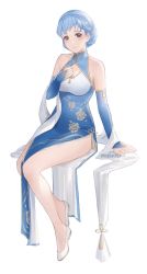 Rule 34 | 1girl, alternate costume, bare legs, bare shoulders, blue dress, blue gloves, blue hair, blush, braid, breasts, bridal gauntlets, china dress, chinese clothes, cleavage cutout, clothing cutout, commentary, crown braid, dress, elbow gloves, fire emblem, fire emblem: three houses, full body, gloves, grey eyes, invisible chair, looking at viewer, marianne von edmund, medium breasts, moja (rainpoow), nintendo, parted lips, shawl, shoes, short hair, side slit, simple background, sitting, sleeveless, sleeveless dress, smile, solo, thighs, white background, white footwear