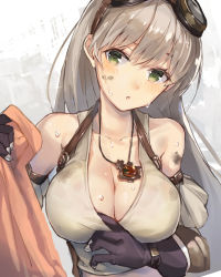 Rule 34 | 1girl, :o, bare shoulders, black gloves, blush, breasts, cleavage, collarbone, cruel gz, dirty, dirty clothes, dirty face, glint, gloves, goggles, goggles on head, green eyes, head tilt, highres, holding, holding towel, jewelry, large breasts, long hair, looking at viewer, necklace, parted lips, pendant, sennen sensou aigis, silver hair, solo, sparkle, tank top, towel, upper body, very long hair, wendy (sennen sensou aigis)