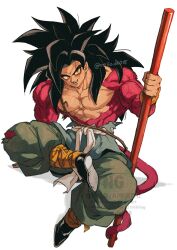 1boy black_hair body_fur dragon_ball dragon_ball_gt green_pants highres holding holding_pole long_hair male_focus monkey_tail pants pole red_fur red_tail relio_db318 ruyi_jingu_bang simple_background sitting solo son_goku super_saiyan super_saiyan_4 tail torn_clothes torn_pants watermark white_background yellow_eyes