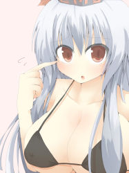 Rule 34 | 1girl, absurdres, bikini, black bikini, blue hair, blush, breasts, cleavage, collarbone, covered erect nipples, embarrassed, female focus, grey hair, hat, highres, kamishirasawa keine, large breasts, long hair, looking at viewer, no nose, open mouth, red eyes, satou makura, simple background, solo, swimsuit, touhou, upper body