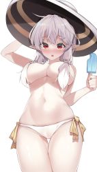 Rule 34 | 1girl, bikini, bikini bottom only, blush, breasts, chukibabo2, commentary request, commission, cowboy shot, food, hair censor, hair tubes, hat, highres, holding, holding food, korean commentary, large breasts, long hair, looking at viewer, navel, open mouth, original, popsicle, red eyes, side-tie bikini bottom, simple background, solo, standing, stomach, swimsuit, thigh gap, topless, twintails, white background, white bikini, white hair