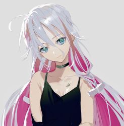 Rule 34 | 1girl, bare shoulders, black shirt, blue eyes, braid, breast tattoo, breasts, cevio, character name, cleavage, collarbone, commentary, expressionless, grey background, head tilt, highres, ia (rocks) (vocaloid), ia (vocaloid), kakine, long hair, looking at viewer, multicolored hair, pendant choker, pink hair, shirt, side braids, simple background, small breasts, solo, spaghetti strap, tattoo, two-tone hair, very long hair, vocaloid, white hair