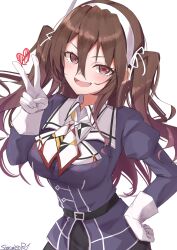 Rule 34 | 1girl, artist name, ashigara (kancolle), black skirt, blush, brown eyes, brown hair, dress, fang, gloves, hair between eyes, hairband, heart, highres, jacket, kantai collection, long hair, long sleeves, military uniform, open mouth, purple dress, purple jacket, sazamiso rx, signature, simple background, skirt, smile, solo, two side up, uniform, upper body, v, white background, white gloves, white hairband