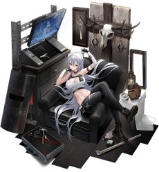 Rule 34 | 1girl, alcohol, animal skull, arm belt, arm up, armpits, ashtray, azur lane, ballistic shield, bandaged arm, bandages, bare shoulders, belt, black footwear, black gloves, black pants, boots, bottle, breasts, chair, chapayev (azur lane), choker, cleavage, crop top, crossed legs, cuffs, gloves, gun, hammer, hand up, handcuffs, handgun, highres, holding, holster, lamp, large breasts, long hair, looking at viewer, midriff, mole, mole under eye, monitor, navel, official alternate costume, official art, pants, pistol, reclining, red eyes, riot shield, shield, shirt, silver hair, sleeveless, sleeveless shirt, soaryuna, solo, sovetskaya rossiya (azur lane), sovetskaya rossiya (the lackadaisical lookout) (azur lane), stomach, torn clothes, torn pants, transparent background, very long hair, vodka, weapon, white shirt