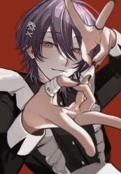 Rule 34 | 1boy, bandaged fingers, bandages, black nails, blurry, crossdressing, depth of field, double v, goi x01, jewelry, kamishiro rui, light smile, looking at viewer, maid, male focus, male maid, multicolored hair, nail polish, project sekai, purple hair, red background, ring, solo, streaked hair, v, yellow eyes