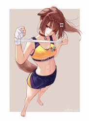 Rule 34 | 1girl, abs, alternate costume, animal collar, animal ears, bandaged hand, bandages, barefoot, bone hair ornament, breasts, brown background, brown eyes, brown hair, closed mouth, collar, commentary request, dog ears, dog girl, dog tail, extra ears, from above, full body, hair ornament, highres, hololive, inugami korone, long hair, midriff, navel, ponytail, shorts, signature, small breasts, solo, sports bra, tail, takimoto nao, toned, v-shaped eyebrows, virtual youtuber