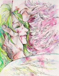 Rule 34 | 1boy, 1girl, blood, closed eyes, coat, colored eyelashes, donquixote doflamingo, feather coat, feathers, green hair, hand on another&#039;s cheek, hand on another&#039;s face, injury, long hair, mawari28, monet (one piece), one piece, pink coat, portrait, sad, smile, winged arms, wings