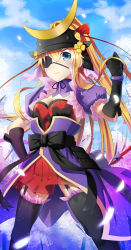 Rule 34 | 1girl, :/, blonde hair, blue eyes, breasts, cleavage, clenched hand, detached collar, elbow gloves, eyepatch, gloves, helmet, highres, himonoata, long hair, looking at viewer, original, petals, pleated skirt, ponytail, puffy short sleeves, puffy sleeves, short sleeves, skirt, solo, td