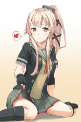 Rule 34 | 10s, 1girl, bare legs, black gloves, clothes lift, commentary request, fingerless gloves, gloves, gradient background, grey eyes, hair ornament, hair ribbon, heart, highres, kantai collection, lifting own clothes, long hair, looking at viewer, negahami, no panties, ribbon, school uniform, serafuku, side ponytail, silver hair, simple background, sitting, skirt, skirt lift, smile, solo, spoken heart, wariza, yura (kancolle), yura kai ni (kancolle)
