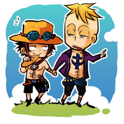 Rule 34 | 2boys, belt, blonde hair, bread, chibi, eating, food, freckles, hat, jewelry, jolly roger, lowres, male focus, marco (one piece), multiple boys, necklace, one piece, open clothes, open mouth, open shirt, pirate, portgas d. ace, purple shirt, sash, shirt, topless male, tattoo