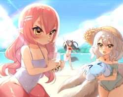 Rule 34 | 3girls, breasts, bubble tea, child, cleavage, cuddly octopus, drinking, highres, long hair, monster girl, multiple girls, one-piece swimsuit, pink hair, pointy ears, scylla, short hair, swimsuit, syrene (kyuri tizu)