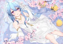 Rule 34 | 1girl, 3others, ahoge, azur lane, bare shoulders, bird, blue hair, blush, bracelet, breasts, bridal veil, bride, cherry blossoms, chick, dress, earrings, feet out of frame, flower, gloves, gold choker, hair between eyes, hair ornament, halter dress, halterneck, helena (azur lane), helena (miracle in white) (azur lane), highres, jewelry, long hair, looking at viewer, manjuu (azur lane), medium breasts, multicolored hair, multiple others, official alternate costume, on water, open mouth, purple eyes, purple hair, ring, signature, sitting on water, smile, solo, two-tone hair, vayneeeee, veil, water, wedding, wedding dress, white dress, white gloves, white headdress
