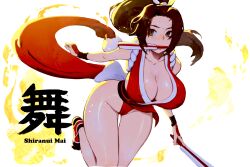Rule 34 | 1girl, breasts, brown eyes, brown hair, cleavage, covered erect nipples, curvy, fatal fury, feet, fingerless gloves, gloves, hand fan, highres, large breasts, legs, leotard, leotard under clothes, lips, mouth hold, ponytail, shiranui mai, snk, solo, the king of fighters, thighs, wide hips