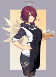Rule 34 | 1girl, apple pie, apron, arknights, artist name, asymmetrical bangs, black apron, black pantyhose, black skirt, breasts, closed mouth, commentary, cowboy shot, detached wings, dyun, exusiai (arknights), grey background, hair over one eye, halo, hand on own hip, heart, highres, holding, holding plate, jacket, looking at viewer, medium breasts, miniskirt, orange eyes, pantyhose, parted bangs, plate, red hair, short hair, signature, simple background, skirt, smile, solo, steam, two-tone background, white jacket, wings, yellow background