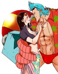 Rule 34 | 1boy, 1girl, abs, bare pectorals, black hair, blue hair, breasts, cleavage, commentary request, cropped jacket, cyborg, eyewear on head, franky (one piece), hetero, large breasts, long nose, male swimwear, midriff, mugicha (zoro1132), muscular, muscular male, navel, nico robin, one piece, open clothes, open shirt, pectorals, pink skirt, skirt, sunglasses, swim briefs