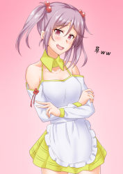 Rule 34 | 1girl, anti (untea9), apron, blouse, commentary request, cowboy shot, crossed arms, detached sleeves, frilled apron, frills, hair bobbles, hair ornament, highres, kantai collection, looking at viewer, official alternate costume, pink background, pink eyes, pink hair, pleated skirt, sazanami (kancolle), shirt, short hair, skirt, solo, twintails, white apron, white shirt, yellow skirt
