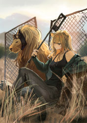 Rule 34 | 1girl, absurdres, animal, animal ears, arknights, bare shoulders, blonde hair, chain-link fence, commentary request, fence, green jacket, grey pants, highres, jacket, knee up, lion, lion ears, long hair, long sleeves, natsuba002, off shoulder, open clothes, open jacket, pants, partial commentary, siege (arknights), siege (legacy) (arknights), sitting, solo, yellow eyes