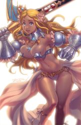 Rule 34 | 1girl, armor, bad id, bad tumblr id, bikini armor, blonde hair, blue eyes, breasts, cleavage, code of princess, commentary, crown, detached collar, flower, gauntlets, hair flower, hair ornament, huge weapon, large breasts, lips, long hair, narrow waist, navel, over shoulder, revision, robaato, showgirl skirt, solange blanchefleur de luxe, solo, sword, sword over shoulder, weapon, weapon over shoulder, wide hips