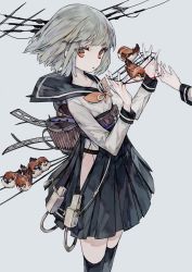 Rule 34 | 1girl, bag, belt, bird, black skirt, black thighhighs, bow, brown eyes, colored eyelashes, eyelashes, fingernails, grey background, grey hair, hair between eyes, holding, judy6241, lace, long sleeves, looking at viewer, looking to the side, original, pleated skirt, profile, ribbon, shirt, short hair, simple background, skirt, solo, thighhighs, watermark, white shirt