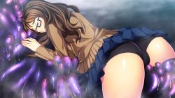 Rule 34 | 1girl, aotonbo, ass, black panties, brown hair, cameltoe, clothes lift, game cg, glasses, happy, legs, long hair, lying, monster, ohanabatakerun, on stomach, panties, school uniform, shiny skin, skirt, skirt lift, smile, tears, thighs, underwear, xx of the dead