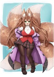 Rule 34 | 1girl, absurdres, animal ear fluff, animal ears, blush, boots, border, breasts, brown footwear, brown hair, commission, contrapposto, green eyes, hair between eyes, highres, ichika (ichika manga), large breasts, long hair, long sleeves, looking at viewer, multiple tails, no nose, off shoulder, open clothes, open mouth, original, pantyhose, pleated skirt, plushmallow, simple background, skeb commission, skirt, sleeves past wrists, solo, standing, straight-on, tail, thick thighs, thighs, twintails, very long hair, white border
