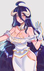 Rule 34 | 1girl, ahoge, albedo (overlord), armpit crease, black hair, black wings, breasts, cleavage, commentary, demon girl, demon horns, double-parted bangs, dress, english commentary, feathered wings, frilled gloves, frills, gloves, grey background, hair between eyes, highres, horns, large breasts, long hair, looking at viewer, low horns, low wings, overlord (maruyama), ruinique, side slit, simple background, slit pupils, smile, solo, very long hair, white dress, white gloves, white horns, wings, yellow eyes