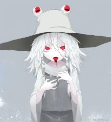 Rule 34 | 1girl, alternate color, bad id, bad pixiv id, blood, blood from mouth, blood in mouth, bright pupils, cinkai, collarbone, colored skin, fangs, grey skirt, hair between eyes, hair ornament, hands on own chest, hat, long hair, long sleeves, moriya suwako, open mouth, red eyes, simple background, skirt, skirt set, slit pupils, solo, touhou, upper body, white hair, white skin, wide sleeves