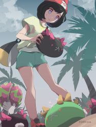 Rule 34 | 1girl, 343rone, absurdres, alternate color, bag, bare legs, beanie, black hair, closed mouth, cloud, commentary request, creatures (company), day, eyelashes, from below, game freak, gen 7 pokemon, green shorts, hat, highres, holding, holding pokemon, looking down, nintendo, outdoors, overcast, palm tree, pokemon, pokemon (creature), pokemon sm, purple eyes, pyukumuku, selene (pokemon), shiny and normal, shiny pokemon, shirt, shoes, short hair, short sleeves, shorts, sky, sparkle, standing, sweatdrop, tied shirt, tree, twitter username, yellow shirt