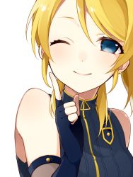 Rule 34 | 10s, 1girl, ;), ayase eli, bad id, bad pixiv id, bare shoulders, blonde hair, blue eyes, chisumi, close-up, earrings, fingerless gloves, gloves, index finger raised, jewelry, looking at viewer, love live!, love live! school idol festival, love live! school idol project, one eye closed, phantom thief erichika, simple background, sleeveless, sleeveless turtleneck, smile, solo, turtleneck, upper body, white background, wink
