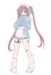 Rule 34 | 1girl, alternate costume, apron, asagumo (kancolle), bandaid, bandaid on leg, blue eyes, blue ribbon, blush, brown hair, fish hair ornament, full body, hair between eyes, hair ornament, hair ribbon, highres, jacket, kantai collection, leg warmers, long hair, long sleeves, looking at viewer, maid headdress, nuno (pppompon), ribbon, shoes, simple background, sleeves past fingers, sleeves past wrists, solo, standing, thigh strap, track jacket, twintails, very long hair, waist apron, white background, white footwear