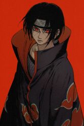 Rule 34 | 1boy, akatsuki uniform, black hair, closed mouth, commentary, ctfsxxrt, forehead protector, headband, highres, konohagakure symbol, long hair, looking at viewer, male focus, naruto (series), ponytail, red background, red eyes, sharingan, short ponytail, simple background, solo, uchiha itachi, upper body