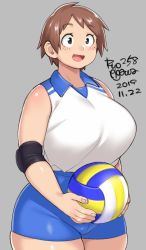 Rule 34 | 1girl, agawa ryou, ball, bare shoulders, blue shorts, breasts, brown eyes, brown hair, commentary, cowboy shot, curvy, dated, elbow pads, english commentary, fat mons, freckles, grey background, holding, holding ball, huge breasts, open mouth, original, shirt, short hair, shorts, signature, skindentation, sleeveless, sleeveless shirt, smile, solo, sportswear, standing, thick thighs, thighs, tomboy, volleyball, volleyball (object), volleyball uniform