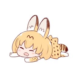 Rule 34 | 10s, 1girl, animal ears, batta (ijigen debris), blonde hair, chibi, commentary request, drooling, extra ears, closed eyes, kemono friends, lying, on stomach, serval (kemono friends), serval tail, simple background, sleeping, solo, tail, white background