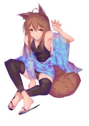 Rule 34 | 1girl, absurdres, ahoge, animal ears, arm up, armpits, bad feet, bare shoulders, black thighhighs, blue kimono, blush, breasts, brown hair, artistic error, fang, fang out, flip-flops, floral print, fox ears, fox tail, full body, highres, japanese clothes, kameponde, kimono, leotard, long hair, long sleeves, looking at viewer, orange eyes, original, sandals, sideboob, small breasts, smile, solo, tail, thighhighs, white background, wide sleeves, wrong foot